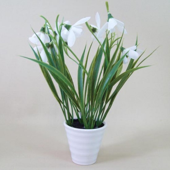 Artificial Snowdrops in White Ceramic Pot Mini